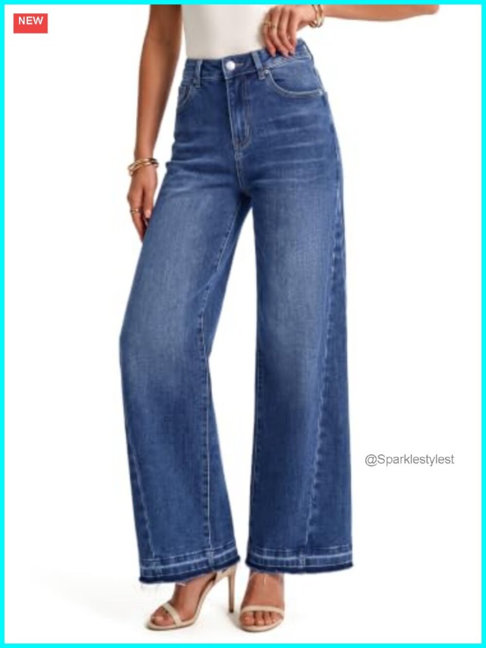 High Waisted Wide Leg Stretchy Jeans Patchwork Raw Hem